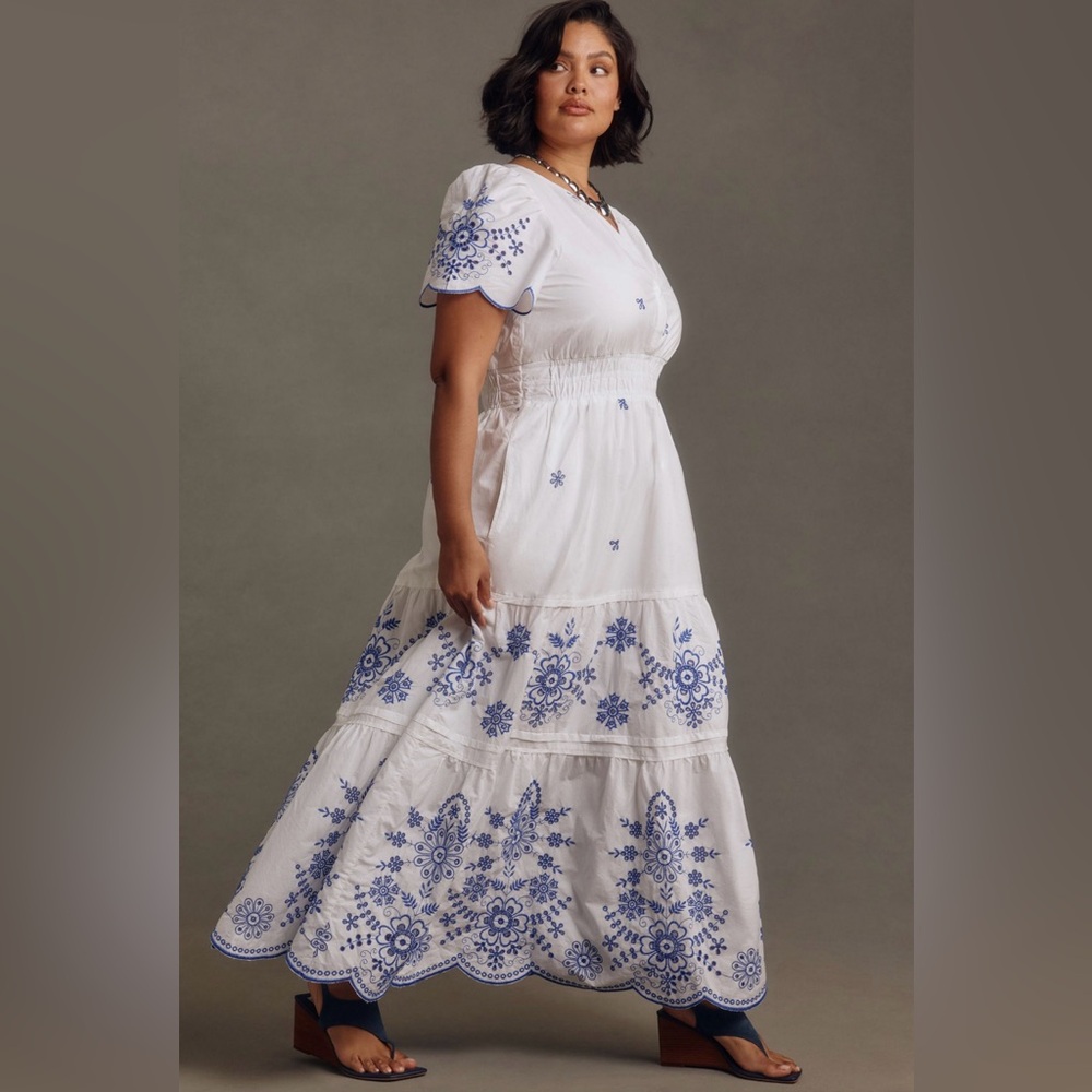 Anthropologie White and Blue Puff Sleeve Sundress